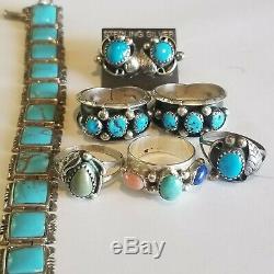 Vintage 925 Sterling Silver 5 Turquoise Lapis Coral Rings Earrings Bracelet Lot