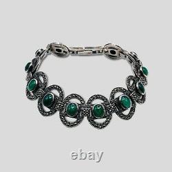 Vintage 925 Sterling Silver Marcasite, Green Agate Bracelet 7.5 -5365