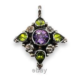 Vintage 925 Sterling Silver Natural Peridot Amethyst Floral Women Pendant -4783