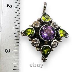 Vintage 925 Sterling Silver Natural Peridot Amethyst Floral Women Pendant -4783