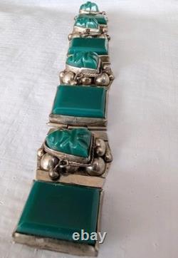 Vintage 925 Taxco Sterling Silver Green Onyx Panel Bracelet 8 Craftsman ship