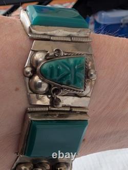 Vintage 925 Taxco Sterling Silver Green Onyx Panel Bracelet 8 Craftsman ship