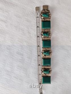Vintage 925 Taxco Sterling Silver Green Onyx Panel Bracelet 8 Craftsman ship