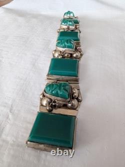 Vintage 925 Taxco Sterling Silver Green Onyx Panel Bracelet 8 Craftsman ship