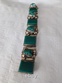Vintage 925 Taxco Sterling Silver Green Onyx Panel Bracelet 8 Craftsman ship