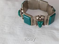 Vintage 925 Taxco Sterling Silver Green Onyx Panel Bracelet 8 Craftsman ship