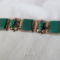 Vintage 925 Taxco Sterling Silver Green Onyx Panel Bracelet 8 Craftsman ship