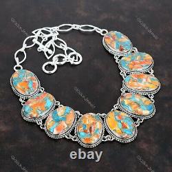 Vintage Adjustable Necklace 925 Silver Natural Spiny Oyster Copper Turquoise