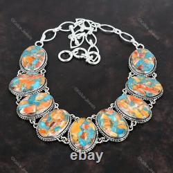 Vintage Adjustable Necklace 925 Silver Natural Spiny Oyster Copper Turquoise