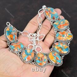 Vintage Adjustable Necklace 925 Silver Natural Spiny Oyster Copper Turquoise