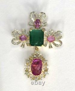 Vintage Antique 10K Yellow Over Diamond Ruby Emerald Pendant Amulet 18Necklace