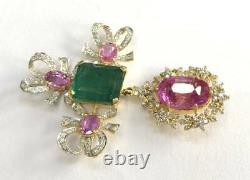Vintage Antique 10K Yellow Over Diamond Ruby Emerald Pendant Amulet 18Necklace