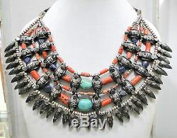Vintage Antique Ethnic Tribal 925 Sterling Silver Coral Turquoise Beads Necklace