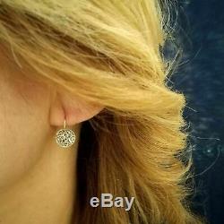 Vintage Antique Rose cut Diamond Dangle Lever back 14K Yellow Gold Over Earrings