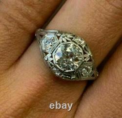 Vintage Art Deco 2.10 Ct Round Diamond 14K White Gold Fn Engagement Wedding Ring