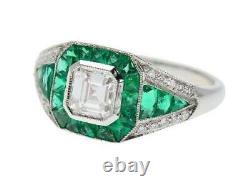 Vintage Art Deco 2.40Ct Lab-Created Diamond Emerald Engagement 925 Silver Ring
