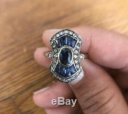 Vintage Art Deco 2 Ct Oval Diamond Sapphire Engagement Ring 14K White Gold Over