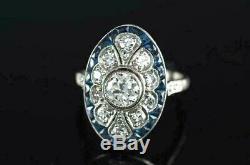 Vintage Art Deco 2Ct Round Diamond/Sapphire 14K White Gold Over Engagement Ring