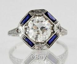 Vintage Art Deco 2Ct Round Diamond &Sapphire Engagement Ring 14k White Gold Over
