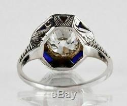 Vintage Art Deco 2Ct Round Diamond &Sapphire Engagement Ring 14k White Gold Over