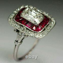 Vintage Art Deco 3.68 Ct Diamond & Ruby Engagement Ring 14K White Gold Over