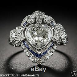 Vintage Art Deco 3.75 CT Heart Cut Diamond Engagement Ring 925 Sterling Silver