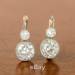 Vintage Art Deco 3.78 Ct Round Diamond 14K White Gold Over Dangle/Hoop Earrings