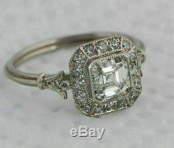 Vintage Art Deco Engagement Ring 1.40 Ct Asscher Cut Diamond 14K White Gold Over