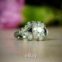 Vintage Art Deco Engagement Ring 14K White Gold Fn 2 Ct Round Diamond & Sapphire