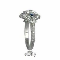 Vintage Art Deco Engagement Ring 14K White Gold Fn 2 Ct Round Diamond & Sapphire