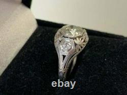 Vintage Art Deco Engagement Ring 14k White Gold Over Antique 2.1Ct Diamond Ring