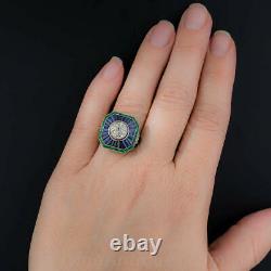 Vintage Art Deco Engagement Ring 2.1 Ct Sapphire & Diamond 14K White Gold Over