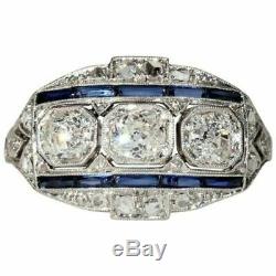 Vintage Art Deco Engagement Ring 2.40 Ct Diamond & Sapphire 14K White Gold Over