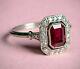 Vintage Art Deco Engagement Ring 2.89ct Red Emerald Cut Ruby 14k White Gold Over