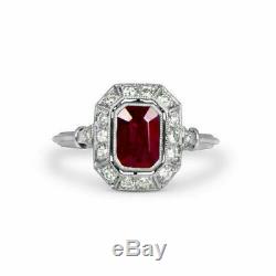 Vintage Art Deco Engagement Ring 2.89Ct Red Emerald Cut Ruby 14K White Gold Over