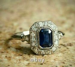 Vintage Art Deco Engagement Ring 2Ct Emerald Diamond Sapphire 14K White GoldOver