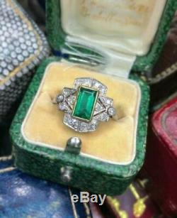 Vintage Art Deco Engagement Ring 3 Ct Green Emerald Diamond 14K White Gold Over