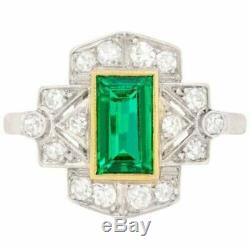 Vintage Art Deco Engagement Ring 3 Ct Green Emerald Diamond 14K White Gold Over