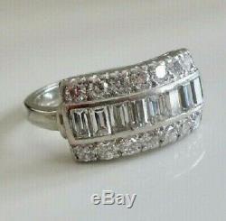 Vintage Art Deco Engagement Ring 3Ct Baguette& Round Diamond 14K White Gold Over