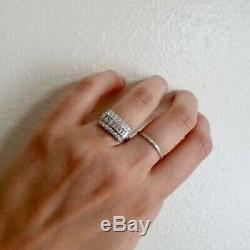 Vintage Art Deco Engagement Ring 3Ct Baguette& Round Diamond 14K White Gold Over