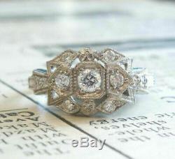 Vintage Art Deco Engagement Wedding Ring 1.61Ct Diamond 14K White Gold Over Fine