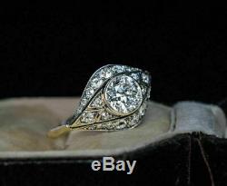 Vintage Art Deco Engagement Wedding Ring 1.9Ct Round Diamond 14K White Gold Over