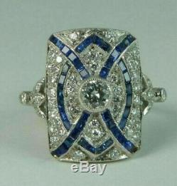 Vintage Art Deco Engagement Wedding Ring Diamond & Sapphire 925 Sterling Silver