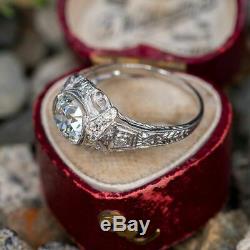 Vintage Art Deco Filigree Engagement Ring 14K White Gold Over 3 Ct Round Diamond