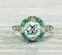 Vintage Art Deco Ring 3.00Ct Round Diamond/Emerald Wedding 14k White Gold Over