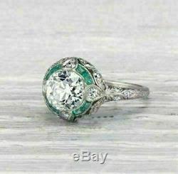 Vintage Art Deco Ring 3.00Ct Round Diamond/Emerald Wedding 14k White Gold Over