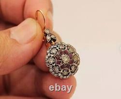 Vintage Art Deco Ruby & Lab Created Diamond Engagement 925 Silver Gift Earrings