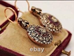 Vintage Art Deco Ruby & Lab Created Diamond Engagement 925 Silver Gift Earrings