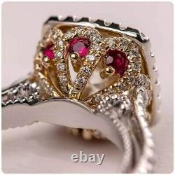 Vintage Art Deco Ruby & Lab Created Diamond Wedding 925 Sterling Silver Ring