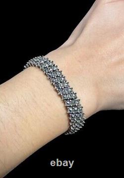 Vintage Art Deco Sterling Silver Square Cut Marcasite Three Row Bracelet 7.25 in